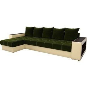 Угловой диван Мебелико Дубай микровельвет зеленый эко кожа бежевый левый угол