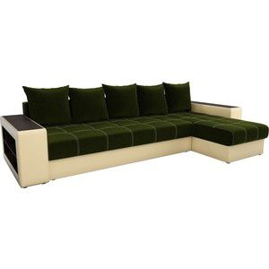 Угловой диван Мебелико Дубай микровельвет зеленый эко кожа бежевый правый угол