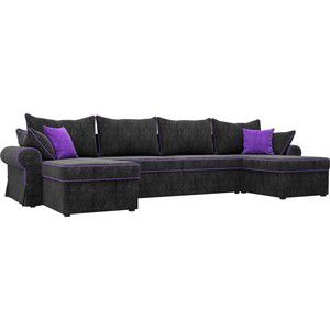 Диван АртМебель Элис велюр черный с фиолетовыми подушками П- образный