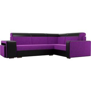Угловой диван Лига Диванов Мустанг с двумя пуфами вельвет фиолетовый экокожа черный правый угол