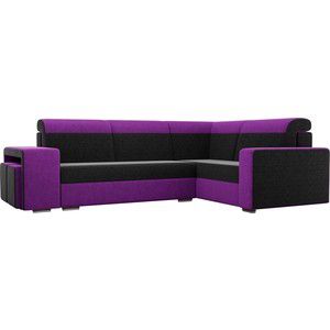Угловой диван Лига Диванов Мустанг с двумя пуфами вельвет черный/фиолетовый правый угол