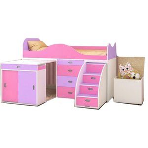 Кровать-чердак Ярофф Малыш люкс дуб молочный/ирис + розовый