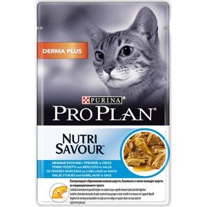 Паучи PRO PLAN Nutri Savor Derma Plus Cat Chunks Codfish in Gravy кусочки в соусе с треской вывод шерсти из желудка для кошек 85 г (12342771)