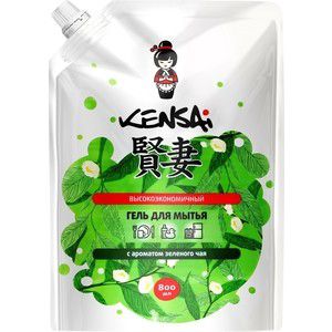 Гель для мытья посуды и детских принадлежностей KENSAI высокоэкономичный, с ароматом зеленого чая, мягкая упаковка, 800 мл