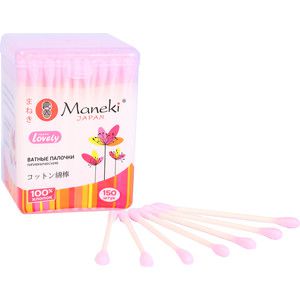 Ватные палочки MANEKI Lovely гигиенические, с розовым стиком, в пластиковой коробке 150 шт
