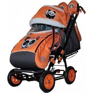 Санки коляска GALAXY SNOW City-2 Панда на оранжевом на больших колёсах Ева+сумка+варежки
