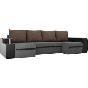 П-образный диван АртМебель Майами рогожка серый/экокожа черный подушки рогожка коричневый