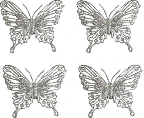 Набор ёлочных украшений «Бабочки» 10 см, цвет серебристый, 4 шт.