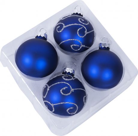 Набор ёлочных украшений 4 шара, стекло, цвет синий с узорами