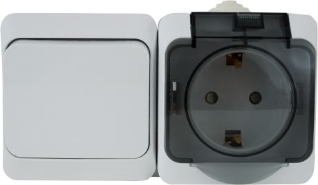 Розетка с заземлением Этюд IP44, 1 клавиша, шторки, выключатель, белая