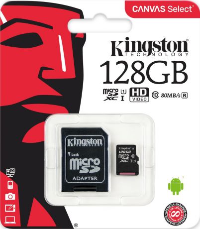 Карта памяти с адаптером Kingston microSDXC Canvas Select 80R CL10 UHS-ISP 128GB