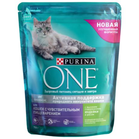 Корм для кошек Purina ONE при чувствительном пищеварении, с индейкой и с рисом 750 г