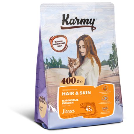 Корм для кошек Karmy для здоровья кожи и шерсти, с лососем 400 г