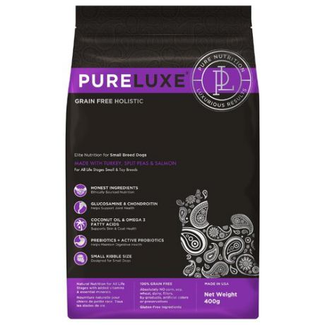 Корм для собак PureLuxe (0.4 кг) Elite Nutrition for small breed dogs with turkey, split peas & salmon