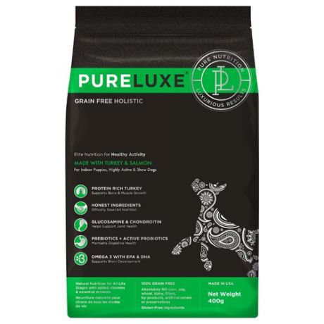 Корм для собак PureLuxe (0.4 кг) Elite Nutrition for healthy activity dogs with turkey & salmon