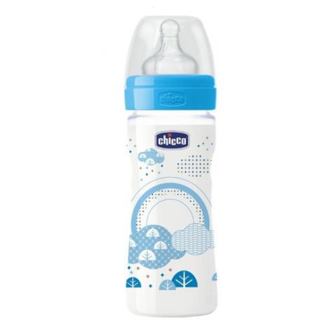 Chicco Бутылочка с соской из силикона Well-Being, средний поток, 250 мл boy/girl с 2 мес., голубой