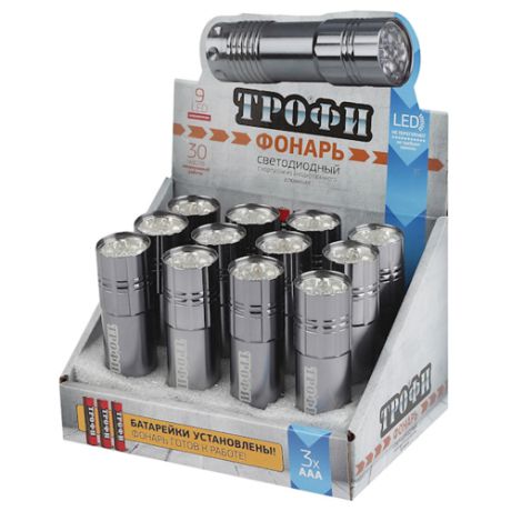 Ручной фонарь ТРОФИ TM9-box12 черный/синий/серебристый