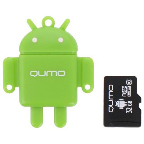Карта памяти Qumo microSDHC class 10 32GB + Fundroid USB Card Reader зеленый