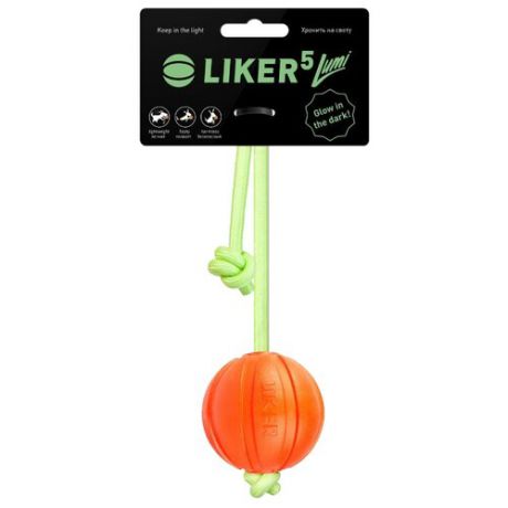 Мячик для собак LIKER Лайкер5 Люми на шнуре (6282) оранжевый/зеленый