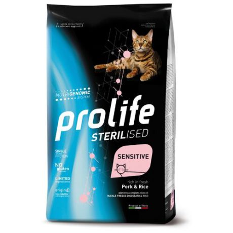 Корм для стерилизованных кошек Prolife при чувствительном пищеварении, с свининой и с рисом 400 г