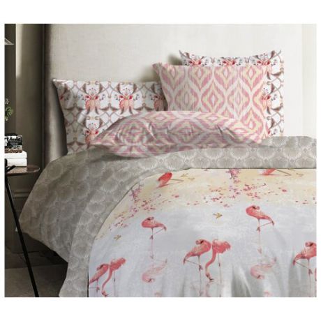 Постельное белье 1.5-спальное Mona Liza Japanese Flamingo 70х70 см, ранфорс серый/розовый
