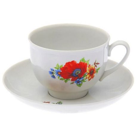 Дулёвский фарфор Чашка чайная с блюдцем Гранатовый Полевой мак 275 мл