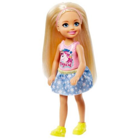 Кукла Barbie Клуб Челси Блондинка в платье с единорогом, 14 см, FRL80