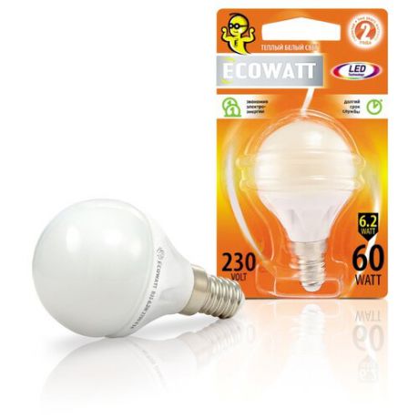 Лампа светодиодная Ecowatt E14, G45, 7Вт