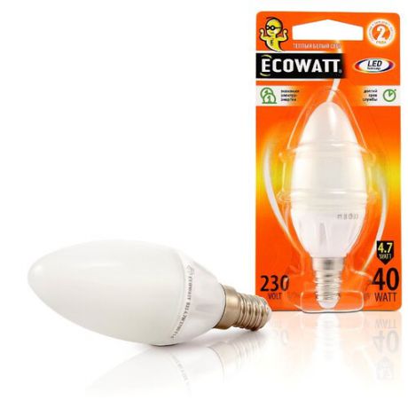 Лампа светодиодная Ecowatt E14, C35, 4.7Вт