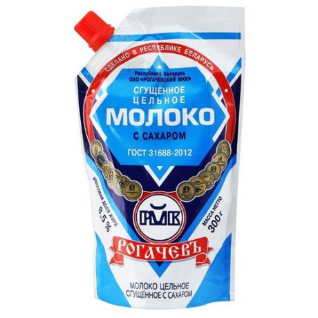 Сгущенное молоко Рогачевский молочноконсервный комбинат цельное с сахаром 8.5%, 300 г