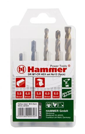 Набор сверл Hammer No12 hex 5шт. 5-8мм