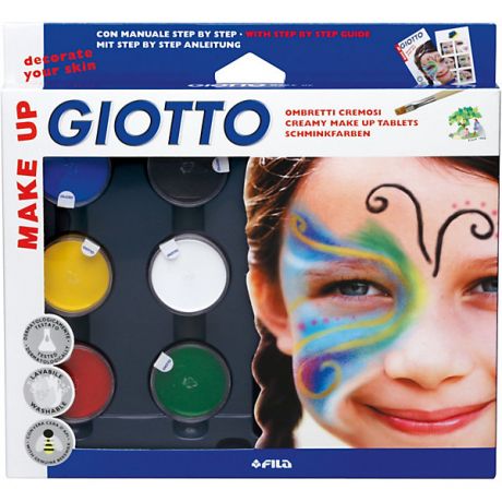 Giotto Грим-краски на восковой основе в баночках 5 цв*5 мл, белый цвет*10мл, с кистью и спонжем.