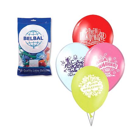 Веселая Затея Воздушные шары 12 Веселая затея "С днем рождения" 50 шт, 30 см (8 рисунков, 12 цветов)