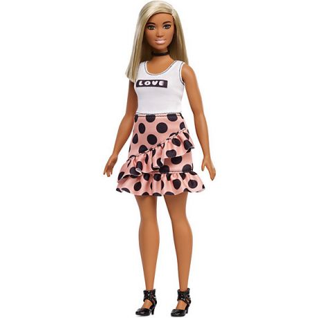 Mattel Кукла Barbie "Игра с модой" в белом топе и юбке в горох, 29 см