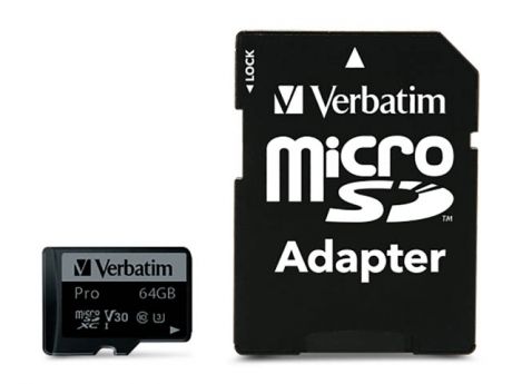 Карта памяти 64Gb - Verbatim Pro - Micro Secure Digital XC Class 10 47042 с переходником под SD