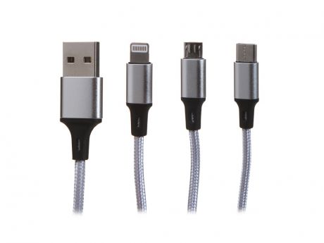 Аксессуар Perfeo USB 2.0 A - MicroUSB/Type-C/Lightning 1.2m Grey U5001