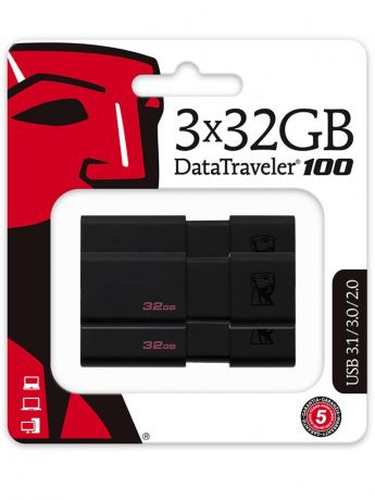 USB Flash Drive 32Gb - Kingston DataTraveler 100 G3 DT100G3/32GB-3P