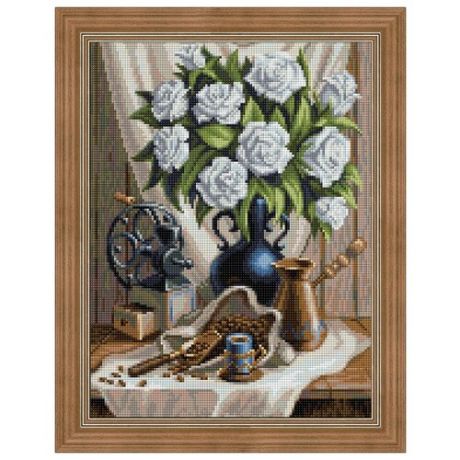Алмазная живопись Набор алмазной вышивки Белые розы и черный кофе (АЖ-1657) 30х40 см