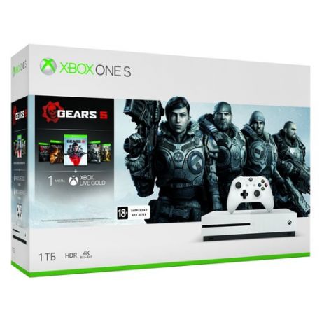 Игровая консоль MICROSOFT Xbox One S с 1 ТБ памяти, играми: Gears 5, Gears of War: Ultimate Edition, Gears of War 2, 3, 4, 234-01030, белый