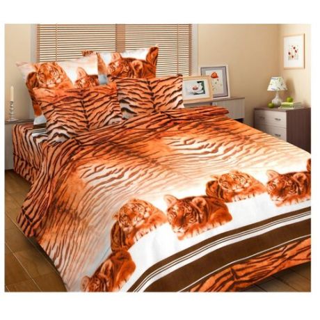 Постельное белье 2-спальное Диана-Текс Тигры, микрофибра коричневый/белый