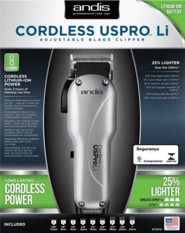 Andis, Машинка для стрижки волос Andis Cordless US Pro Li, li ion, 0,5-2.4мм, аккум/сетевая, W, 9нас. ANDIS 73010 LCL
