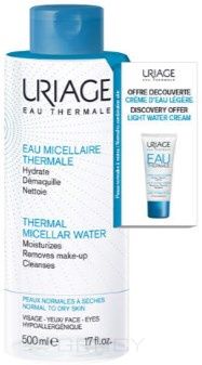 Uriage, Набор Очищающая мицеллярная вода для нормальной и сухой кожи 500 мл + Eau thermale Легкий увлажняющий крем 15 мл