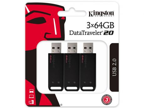 USB флешка Kingston DataTraveler DT20 64Gb Black (DT20/64GB-3P) USB 2.0, 3шт