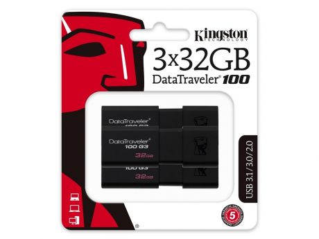 USB флешка Kingston DataTraveler 100 G3 16Gb Black (DT100G3/16GB-3P) USB 3.0 / 40 Мб/с / 10 Мб/с