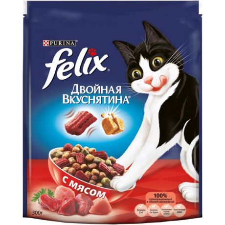 Сухой корм для домашних кошек Purina Felix Двойная вкуснятина для кошек с мясом, пакет, 300 г 12384463