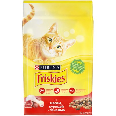 Сухой корм Purina Friskies для взрослых кошек с мясом, курицей и печенью, пакет, 10 кг 12384636