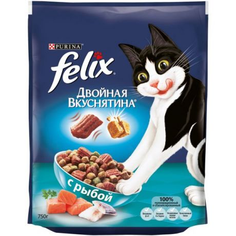 Сухой корм для домашних кошек Purina Felix Двойная вкуснятина с рыбой, пакет, 750 г 12384536