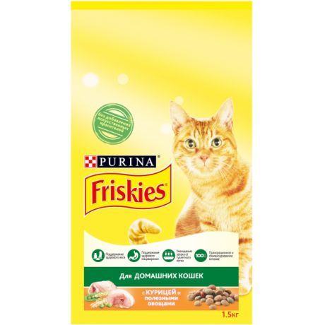 Сухой корм Purina Friskies для домашних кошек с курицей и садовой зеленью, пакет, 1,5 кг 12384641