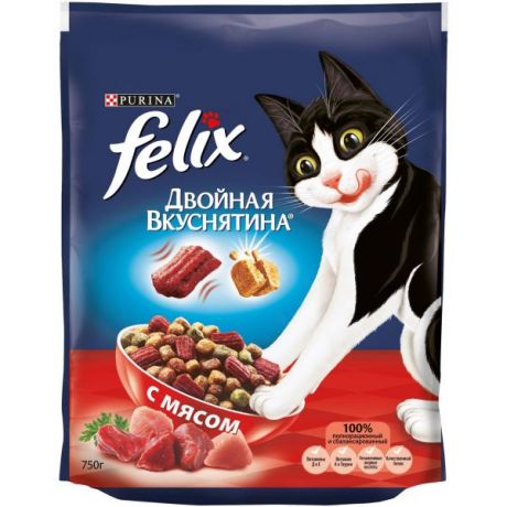 Сухой корм для домашних кошек Purina Felix Двойная вкуснятина с мясом, пакет, 750 г 12384534