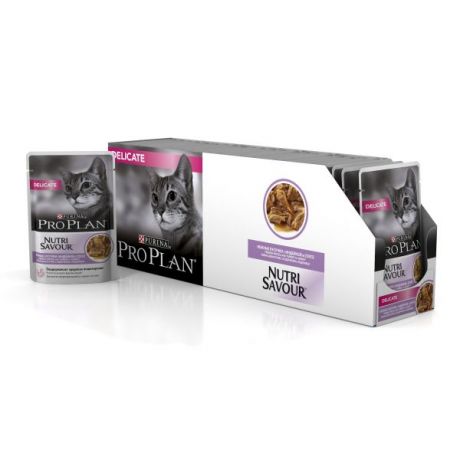 Влажный корм Purina Pro Plan Delicate для кошек с чувствительным пищеварением, индейка, коробка (24 пауча), 85 г 12249431-box